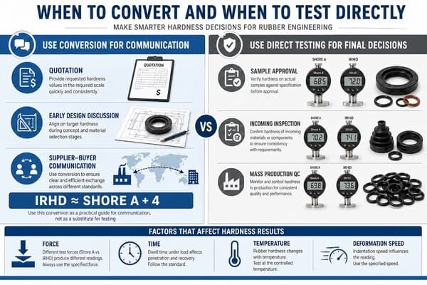 Rubber hardness conversion vs direct testing guide, showing when to use Shore A and IRHD conversion and when to verify by testing