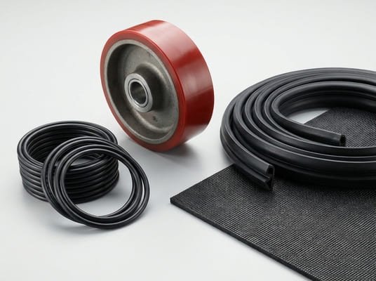 Rubber products for different application requirements, including O-rings, an industrial wheel, extruded sealing profiles, and rubber sheet material