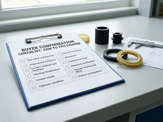 Buyer checklist before changing CSM to TPU, showing key confirmation points such as media, temperature, compression, tolerance, and exposure conditions