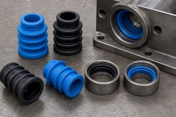 CSM material for weather resistant industrial rubber parts, showing black and blue molded bellows, seal inserts, and installed sealing components