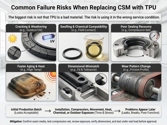 Common failure risks when replacing CSM with TPU, including weather cracking, swelling, poor sealing recovery, heat aging, dimensional mismatch, and wear change