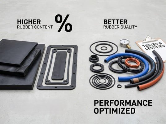 Rubber content and rubber quality comparison, showing sheet stock, gaskets, hoses, and seals optimized for performance rather than polymer percentage alone