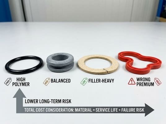 Rubber content affects cost and long-term risk, comparing high polymer, balanced, filler-heavy, and wrong premium rubber part choices