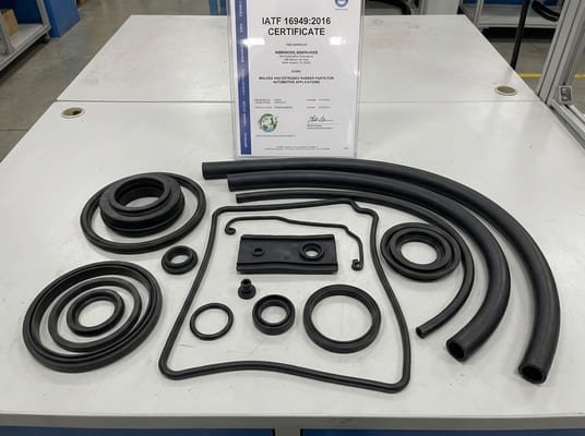 IATF 16949 certificate scope for automotive rubber parts, showing seals, hoses, O-rings, and molded gasket components