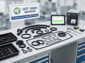 IATF 16949 certified automotive rubber manufacturing setup, with seals, gaskets, hoses, inspection tools, and quality control equipment