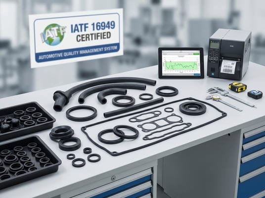 IATF 16949 certified automotive rubber manufacturing setup, with seals, gaskets, hoses, inspection tools, and quality control equipment