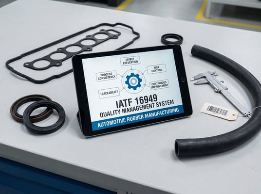 IATF 16949 quality management system for automotive rubber manufacturing, highlighting process control, traceability, risk control, and defect prevention