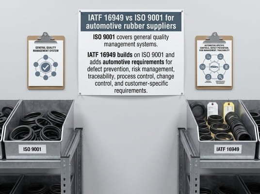 IATF 16949 vs ISO 9001 comparison for automotive rubber suppliers, showing stricter quality control and traceability requirements