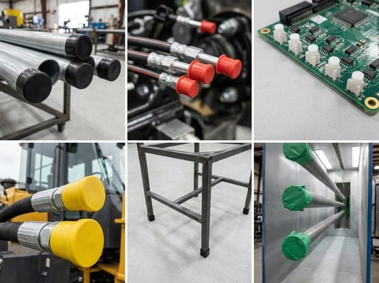 Industries using rubber end caps, showing pipe protection, hydraulic hose caps, electronics plugs and masking applications.