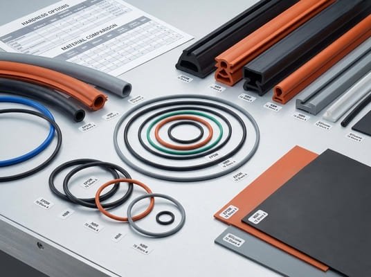 Material and hardness options for rubber seals, showing O-rings, extruded profiles, rubber sheets, and color-coded sealing components on a sample table