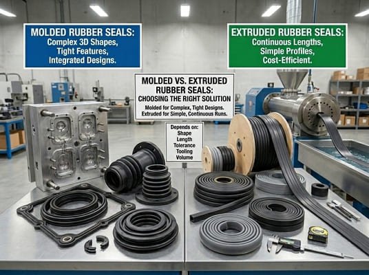 Molded rubber seals vs extruded rubber seals comparison, showing complex molded parts, continuous extruded profiles, tooling, and production equipment