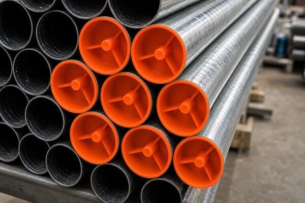 Pipe end caps, orange protectors installed on galvanized metal tubes, warehouse pipe storage and transport protection.