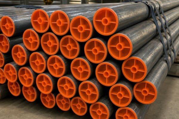 Pipe end caps, orange plastic protectors fitted on stacked metal tubes, warehouse storage protection scene.