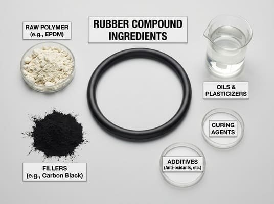Rubber compound ingredients, showing raw polymer, carbon black filler, oils, plasticizers, curing agents, additives, and a finished rubber O-ring