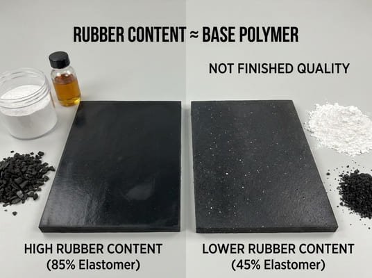 Rubber content in rubber products, comparing high elastomer content and lower elastomer content as base polymer level rather than final quality