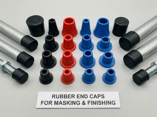 Rubber end caps for masking and finishing, black red and blue caps arranged with metal tubes and threaded bolts.