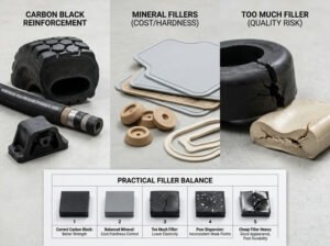 Rubber filler balance comparison, showing carbon black reinforcement, mineral fillers, and cracking caused by excessive filler in rubber parts