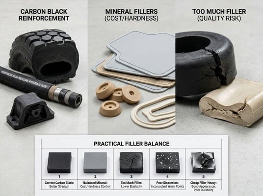 Rubber filler balance comparison, showing carbon black reinforcement, mineral fillers, and cracking caused by excessive filler in rubber parts