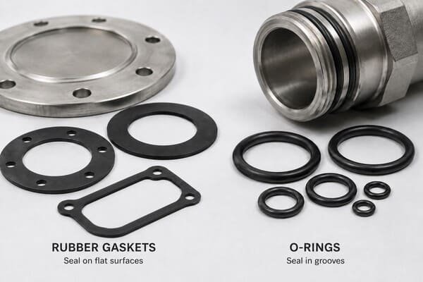 Rubber gaskets and O-rings comparison, black gaskets displayed on flat surfaces next to stainless steel flange, O-rings arranged around metal cylindrical fitting, industrial product photography on light gray background.