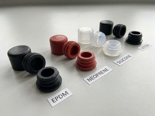 Rubber end cap materials, EPDM neoprene silicone and Viton samples, displayed for industrial material comparison.