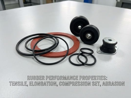 Rubber performance properties, showing seals, rubber wheels, and mounts for tensile strength, elongation, compression set, and abrasion resistance