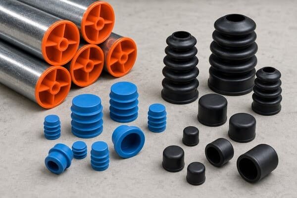 Rubber pipe end caps, blue and black molded caps, orange tube protectors beside stacked metal pipes.