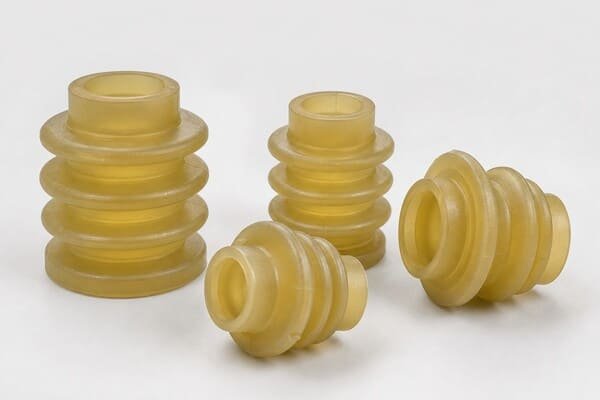 TPU replacement testing for CSM industrial rubber parts, showing molded bellows, hardness measurement, and compression testing equipment