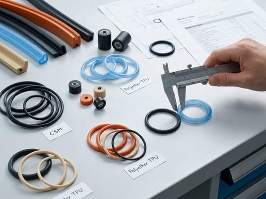 TPU grade selection as a CSM alternative for custom rubber parts, showing seals, profiles, rollers, and caliper-based dimensional comparison