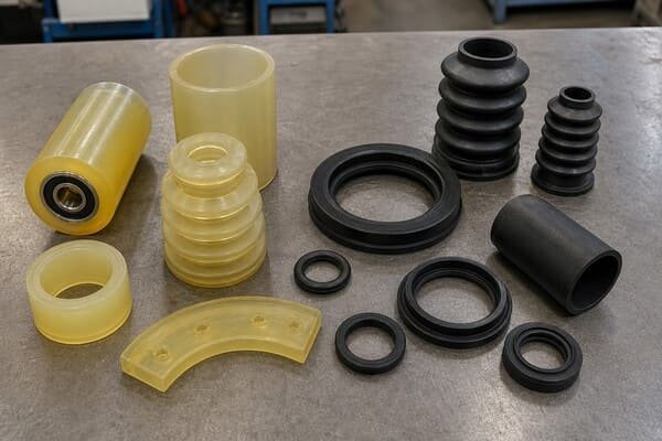 TPU replacing CSM materials in industrial rubber parts, showing bellows, seals, rollers, and molded components for material comparison