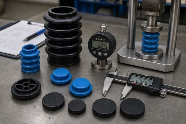 TPU replacement testing for CSM industrial rubber parts, showing molded bellows, hardness measurement, and compression testing equipment