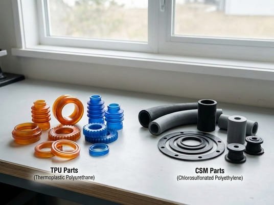 TPU vs CSM key properties comparison for rubber parts, showing orange and blue TPU components beside black CSM seals, hoses, and molded parts