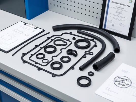 Automotive rubber RFQ and IATF 16949 certification display, with gasket sets, hoses, O-rings, and technical drawing documents