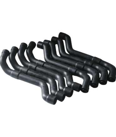 Rubber hoses, multiple black bent tubes arranged in parallel, automotive or industrial coolant and fluid transfer applications.