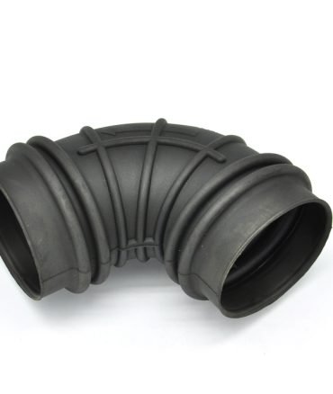 Rubber air intake hose with 90-degree bend, black flexible tubing, ribbed reinforcement, used for automotive engine airflow connection.
